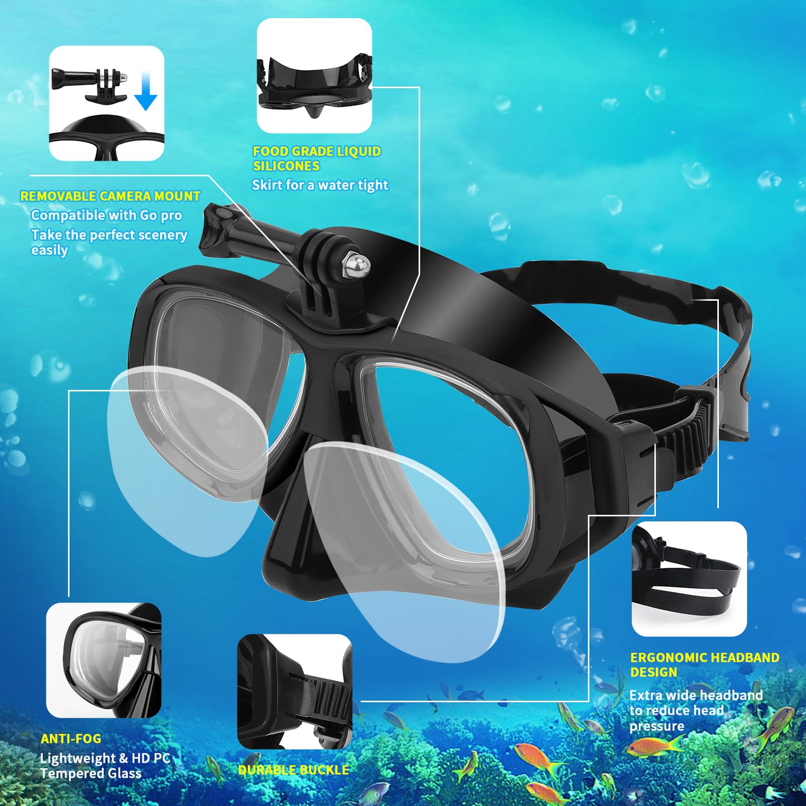 Nearsighted Snorkeling Gear for Adults Youth, Professional Shortsighted Full Dry Top Silicone Snorkel Set, Anti-Fog Diving Mask with Detachable Camera Mount for Scuba Diving, Spearfishing, Freediving - Image 3