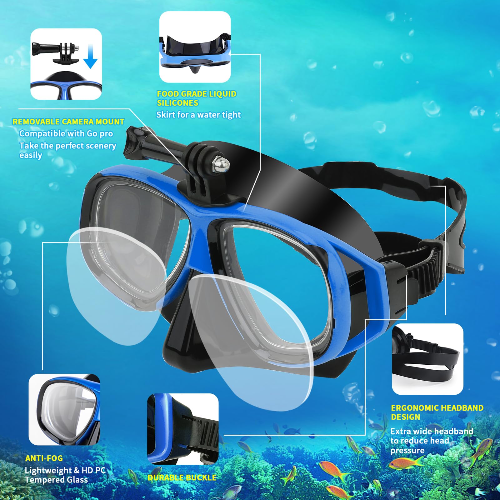 Nearsighted Snorkeling Gear for Adults Youth, Professional Shortsighted Full Dry Top Silicone Snorkel Set, Anti-Fog Diving Mask with Detachable Camera Mount for Scuba Diving, Spearfishing, Freediving - Image 3