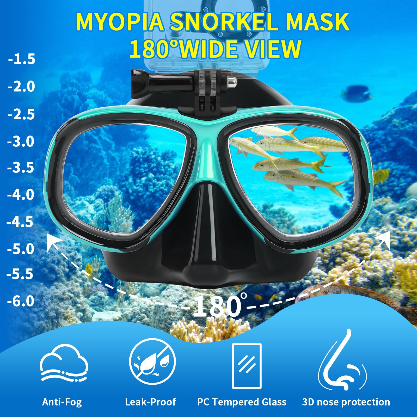 Nearsighted Snorkeling Gear for Adults Youth, Professional Shortsighted Full Dry Top Silicone Snorkel Set, Anti-Fog Diving Mask with Detachable Camera Mount for Scuba Diving, Spearfishing, Freediving - Image 2